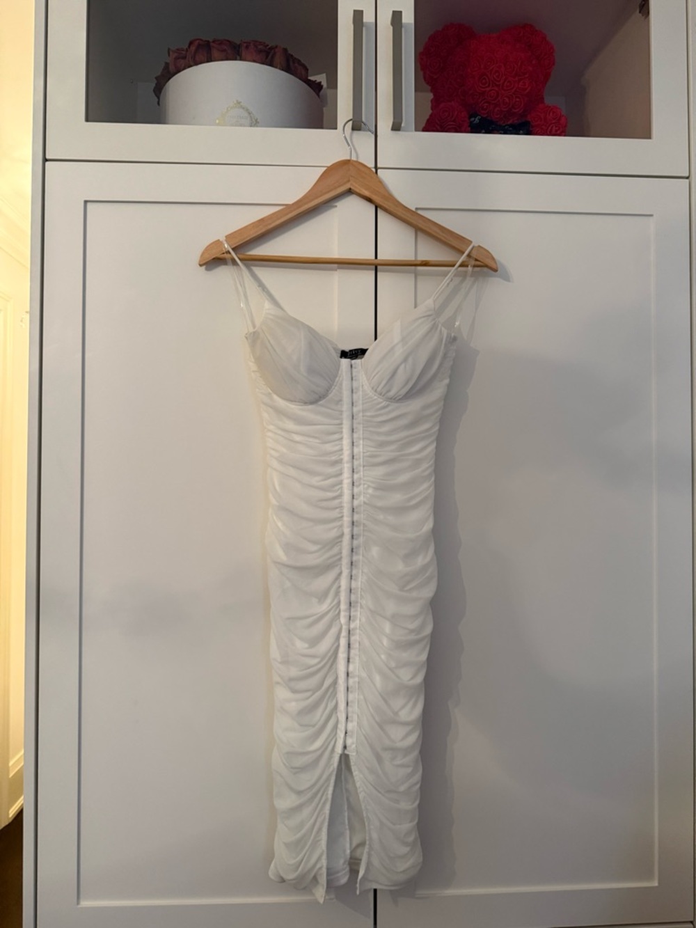privy White Ruched Midi Dress with Spaghetti Straps